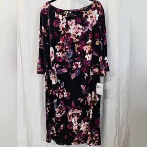 Connected Apparel 20W 3X Black Purple Floral Studio Knit Sheath Dress Career